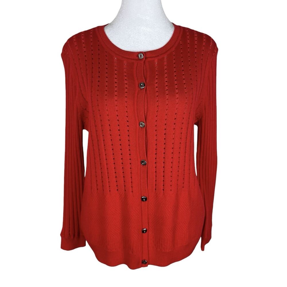 St. John Red Knit Cardigan Sweater Tank Top Set Pointelle Wool Blend Size Medium